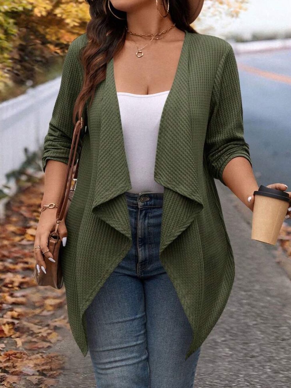 SHEIN Olive Green Draped Open-Front Women's Cardigan